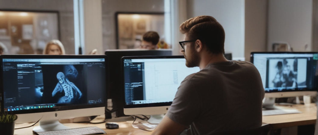 Developers of a web design company are working on their computers in their office.