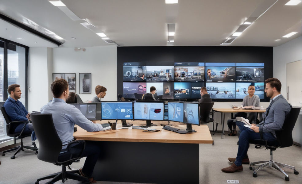 A sleek, modern office with developers collaborating on website projects, boosting IPTV industry growth.