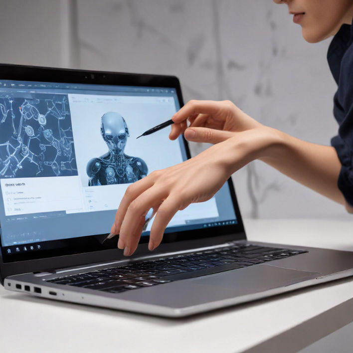 A web designer integrating AI-powered tools on a laptop for a product launch optimization.
