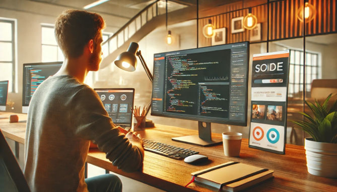 A person working on website development at a modern, well-lit desk