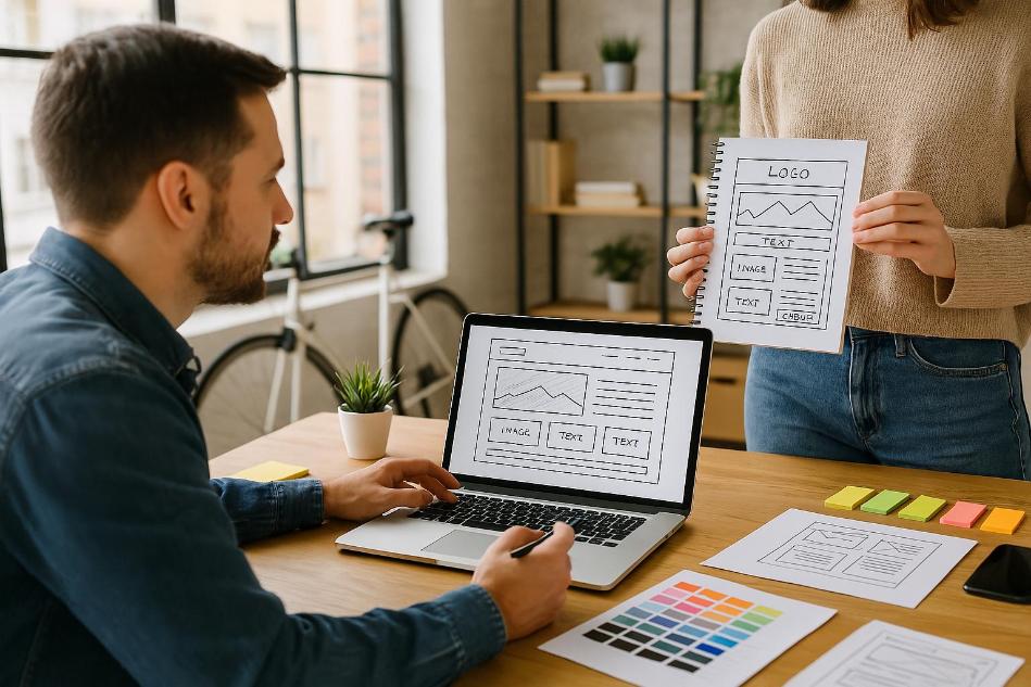 A man and woman reviewing website wireframes in a modern, sunlit office.