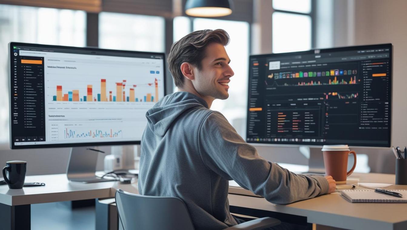 Developer analyzing YouTube metrics alongside code during modern web development workflow in office.