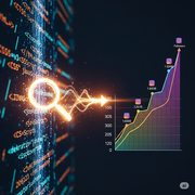A glowing, digital magnifying glass with a stream of light is connected to a website's code on the left and a brightly colored, upward-trending graph of Instagram followers on the right.