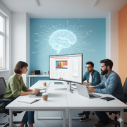 A group of tech experts working in front of their laptops and a large-screen computer. They are on the process of developing websites through AI integration. 